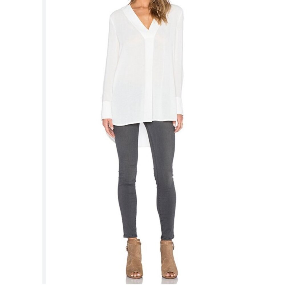 Vince V Neck Tunic Long Cuffed Sleeves Rayon Semi Sheer Minimalist Chic White XS